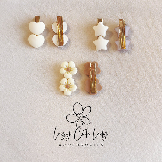 Matte Heart, Star & Flower Hair Clips – Set of 2 (Neutral Clay Colors)