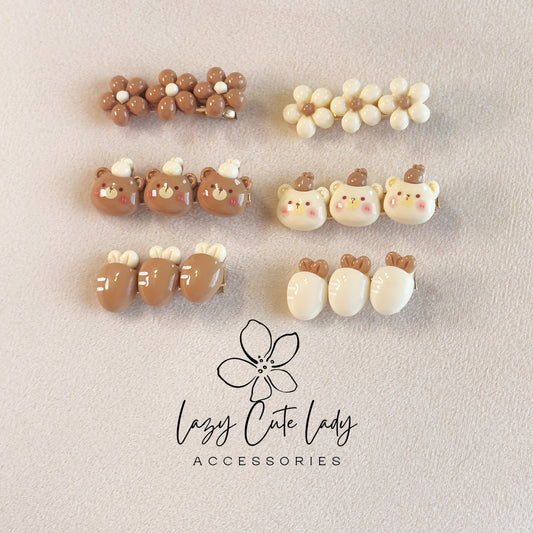Teddy Bear, Flower & Carrot Hair Clips Set