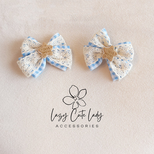 Cute Blue Gingham Lace Bow Hair Clips – Vintage Aesthetic Barrettes with “Best Wishes” Star