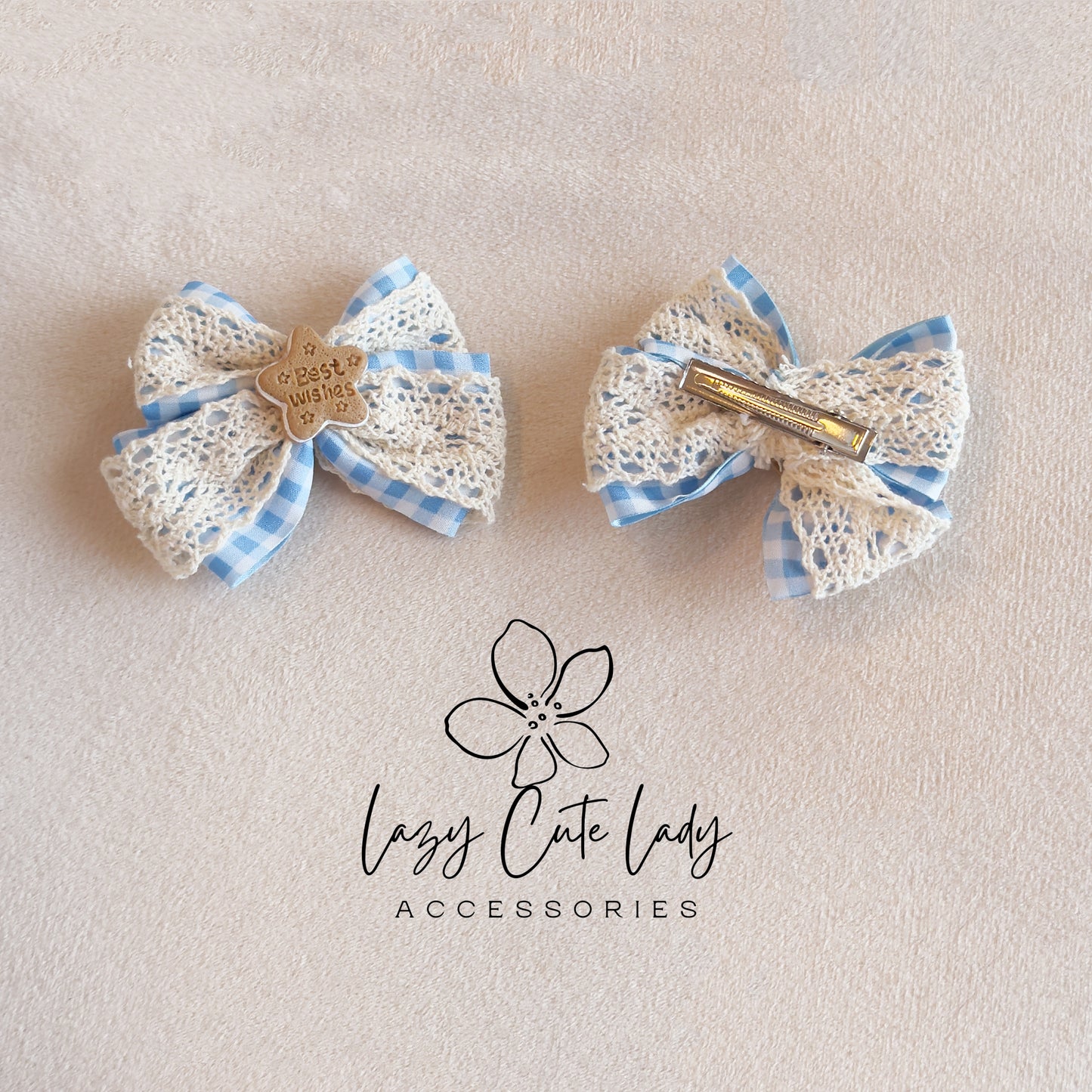 Cute Blue Gingham Lace Bow Hair Clips – Vintage Aesthetic Barrettes with “Best Wishes” Star