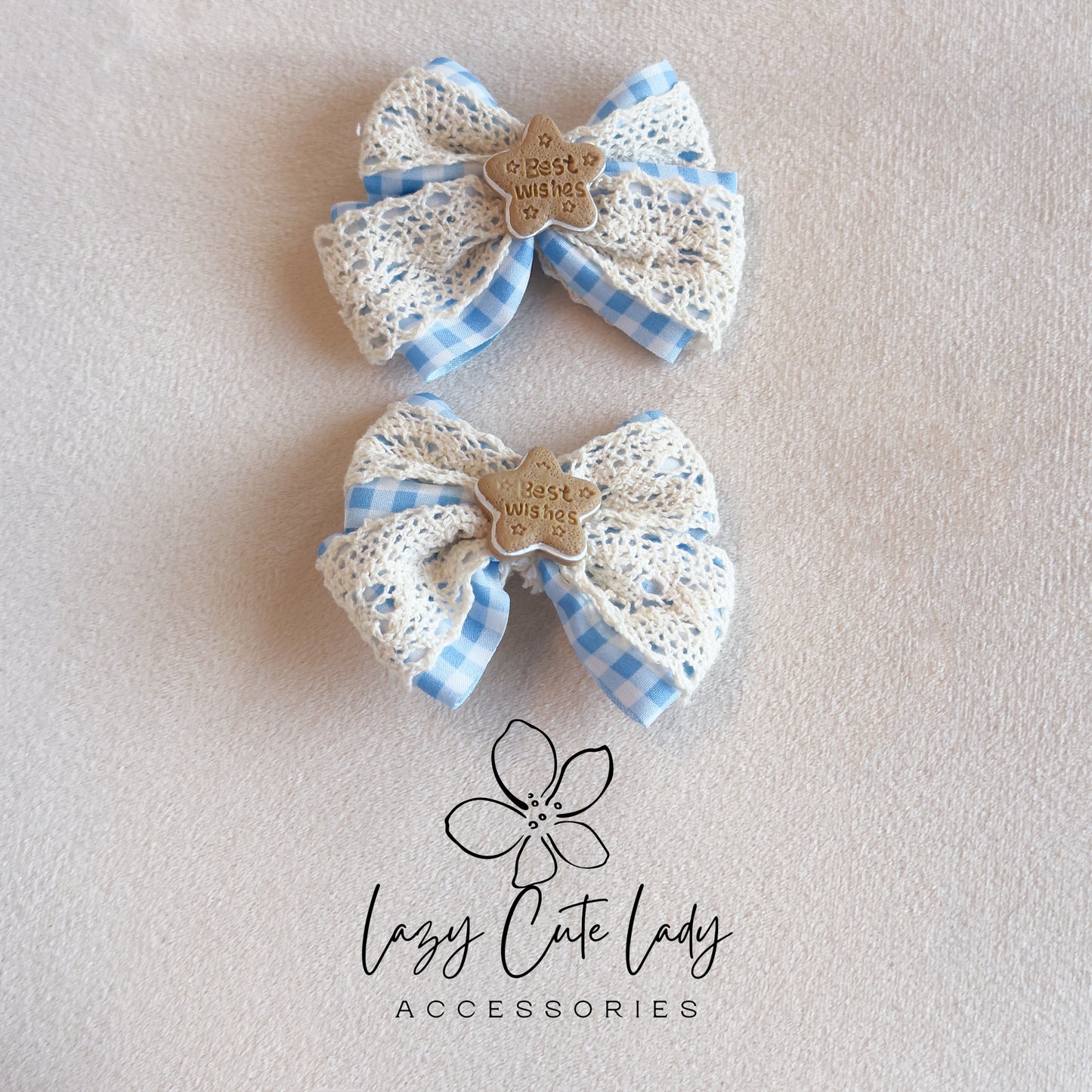 Cute Blue Gingham Lace Bow Hair Clips – Vintage Aesthetic Barrettes with “Best Wishes” Star
