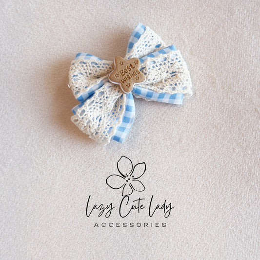 Cute Blue Gingham Lace Bow Hair Clips – Vintage Aesthetic Barrettes with “Best Wishes” Star
