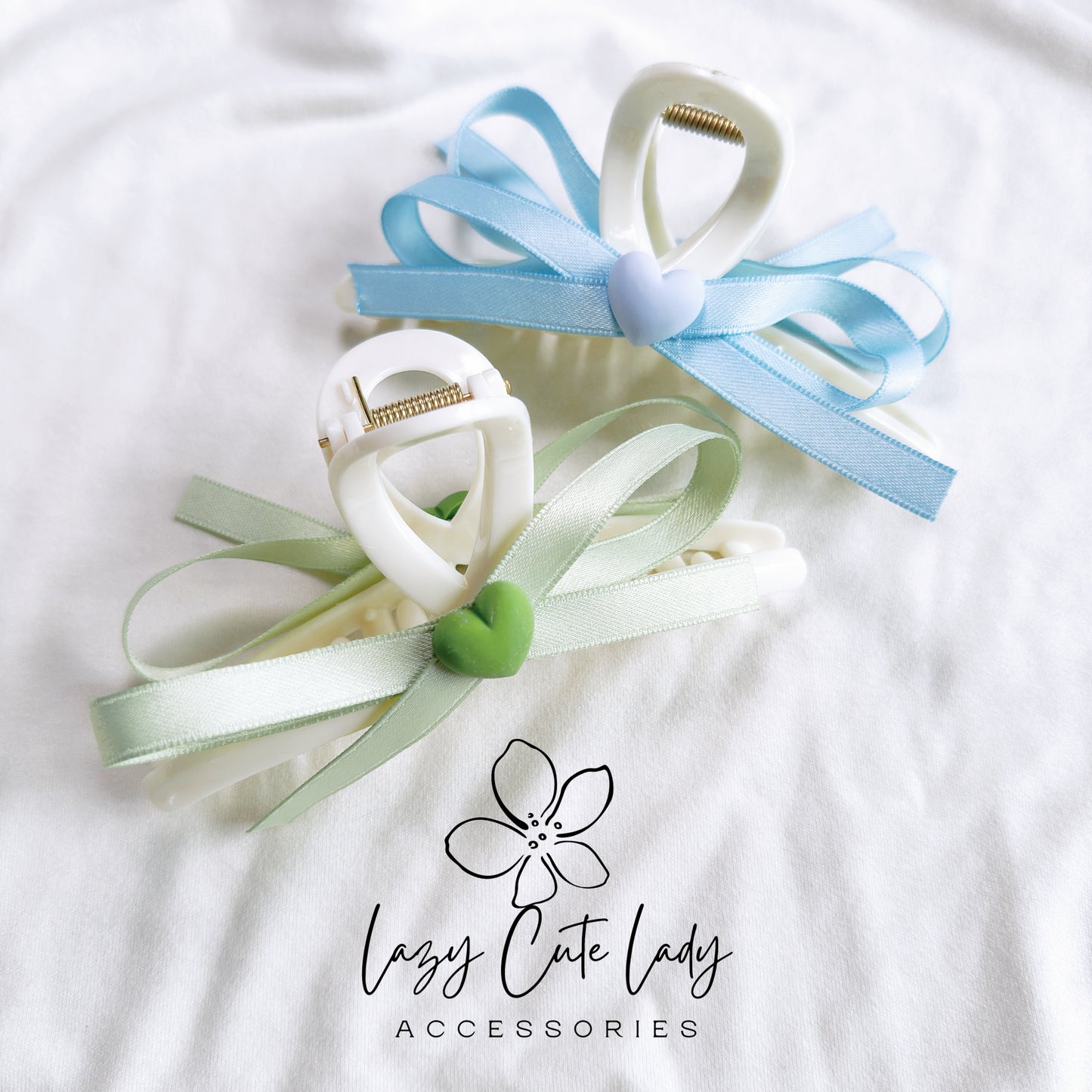 Summer Fresh Ribbon Bow Heart Hair Claw - Available in Blue and Green