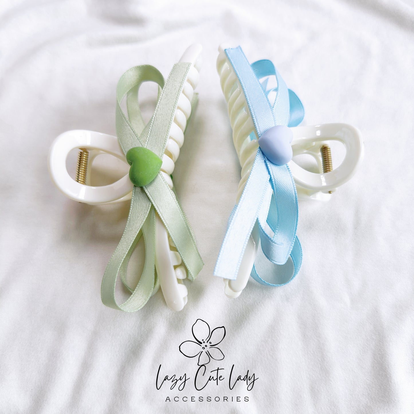 Summer Fresh Ribbon Bow Heart Hair Claw - Available in Blue and Green
