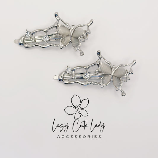 Vintage Butterfly Silver Hair Clip with Rhinestone Details- Gift for her