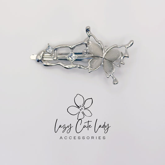 Vintage Butterfly Silver Hair Clip with Rhinestone Details- Gift for her