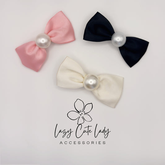 Classic Satin Bow Hair Clip with Pearl Center