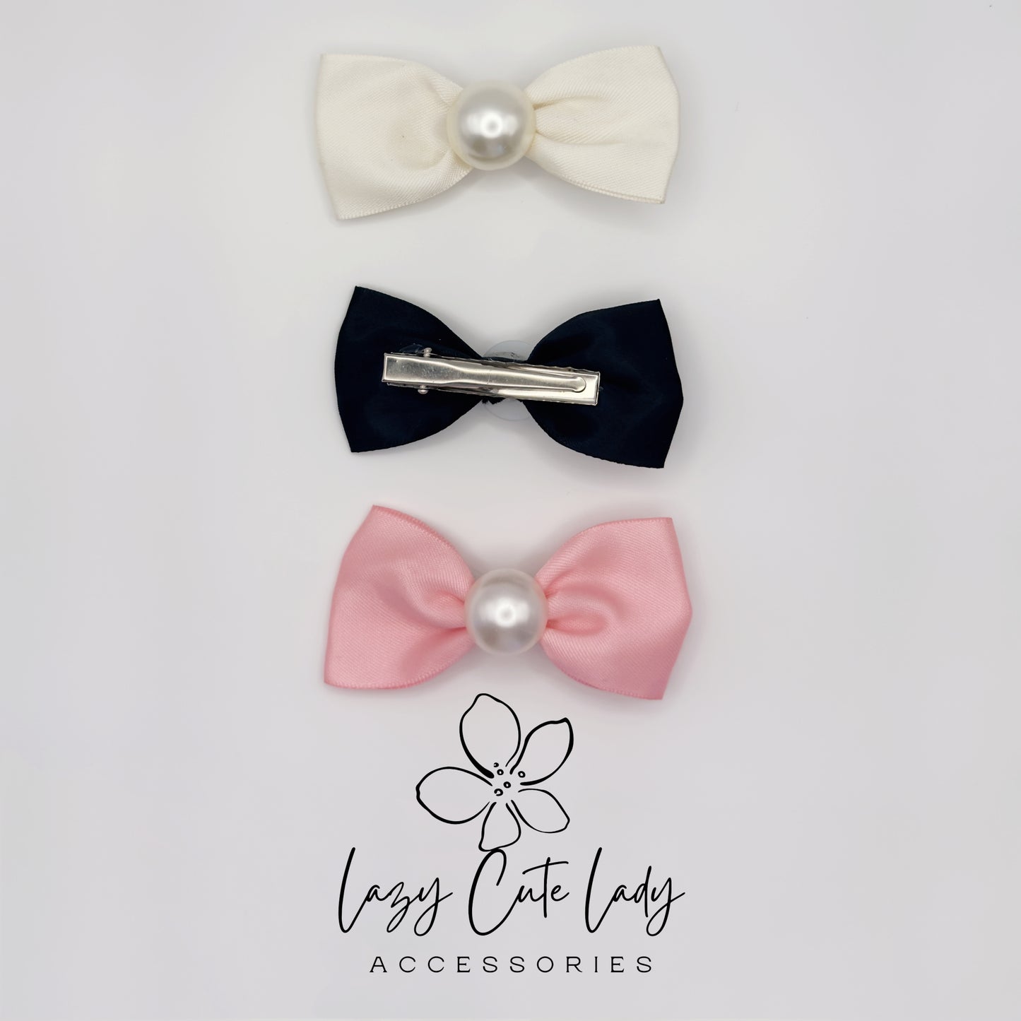 Classic Satin Bow Hair Clip with Pearl Center