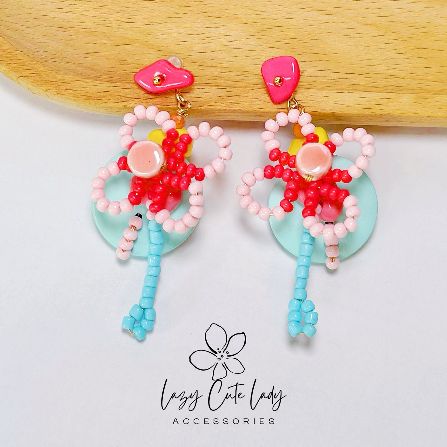 Handcrafted Beaded Flower Drop Earrings - Pink Blossoms with Blue Accents
