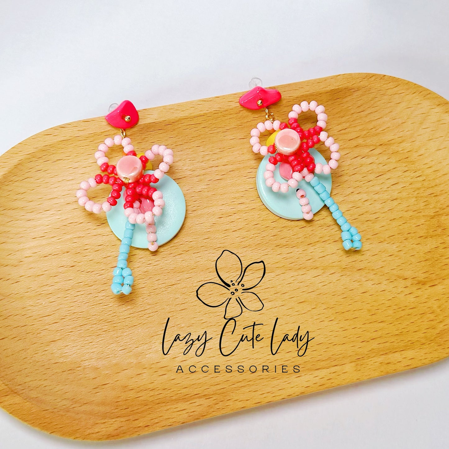 Handcrafted Beaded Flower Drop Earrings - Pink Blossoms with Blue Accents