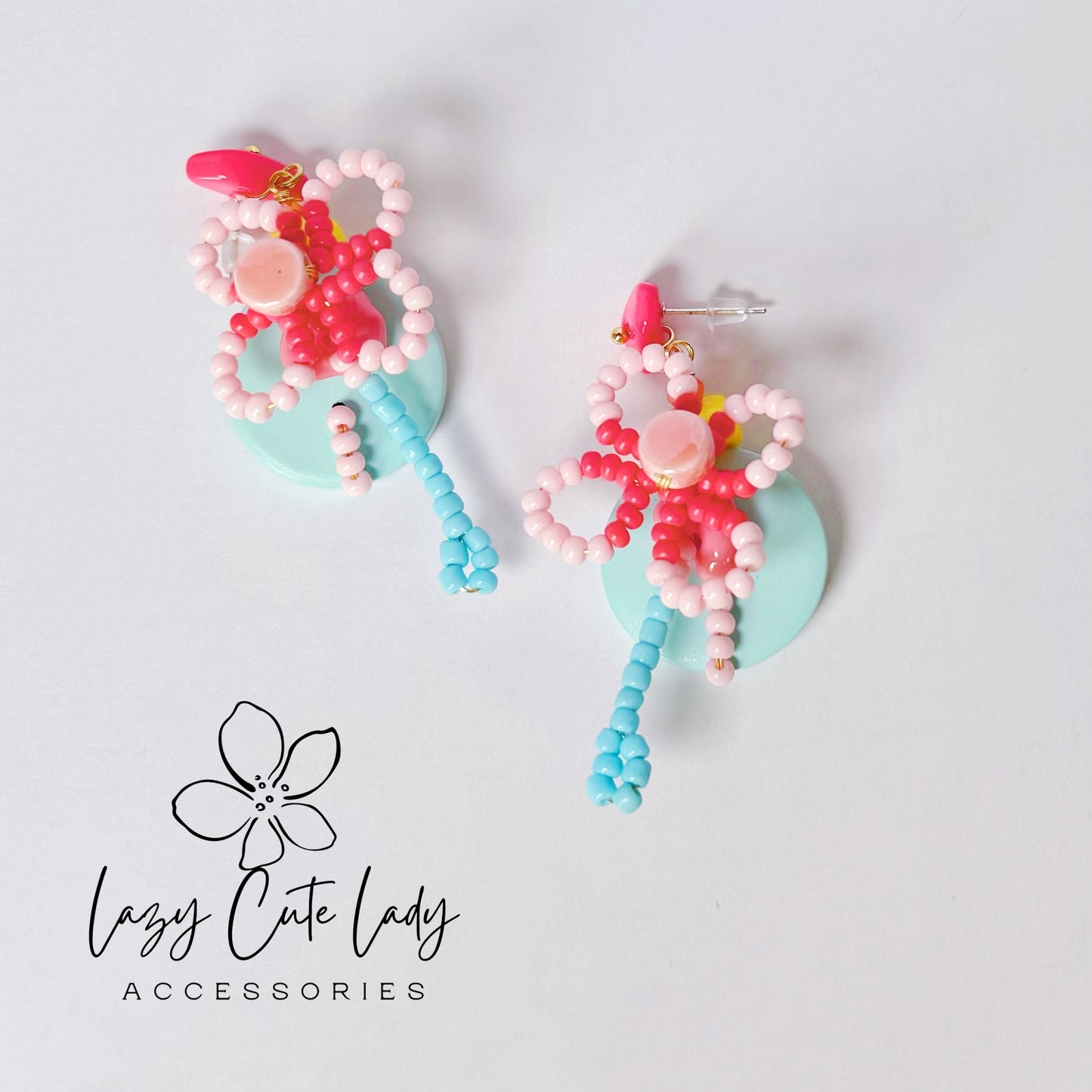 Handcrafted Beaded Flower Drop Earrings - Pink Blossoms with Blue Accents