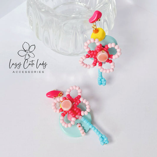 Handcrafted Beaded Flower Drop Earrings - Pink Blossoms with Blue Accents