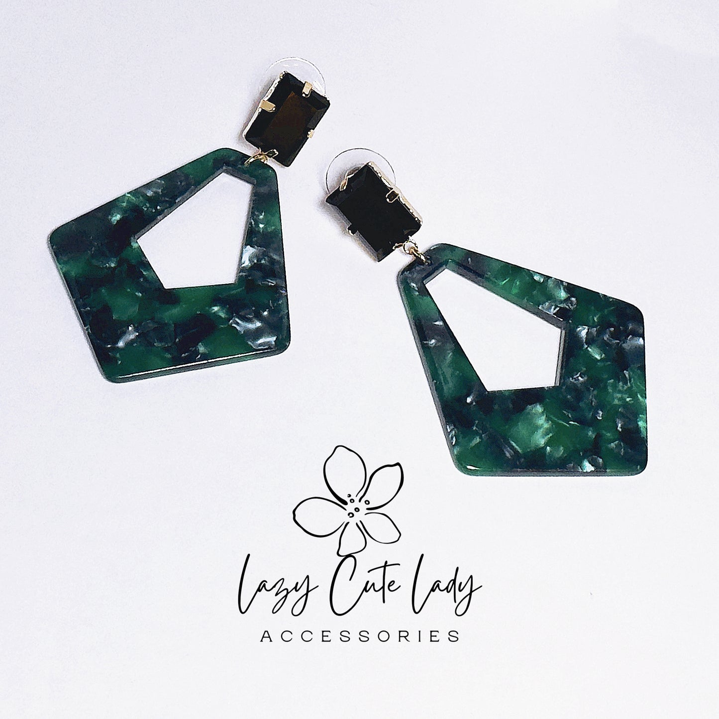 Vintage Geometric Acetate Earrings with Black Square Rhinestones