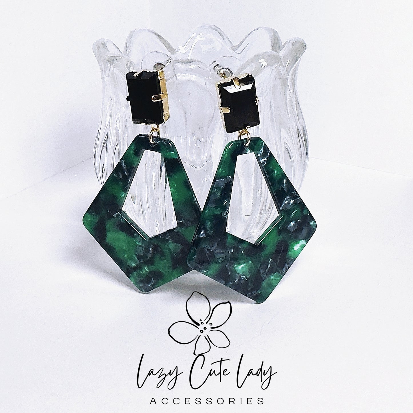 Vintage Geometric Acetate Earrings with Black Square Rhinestones