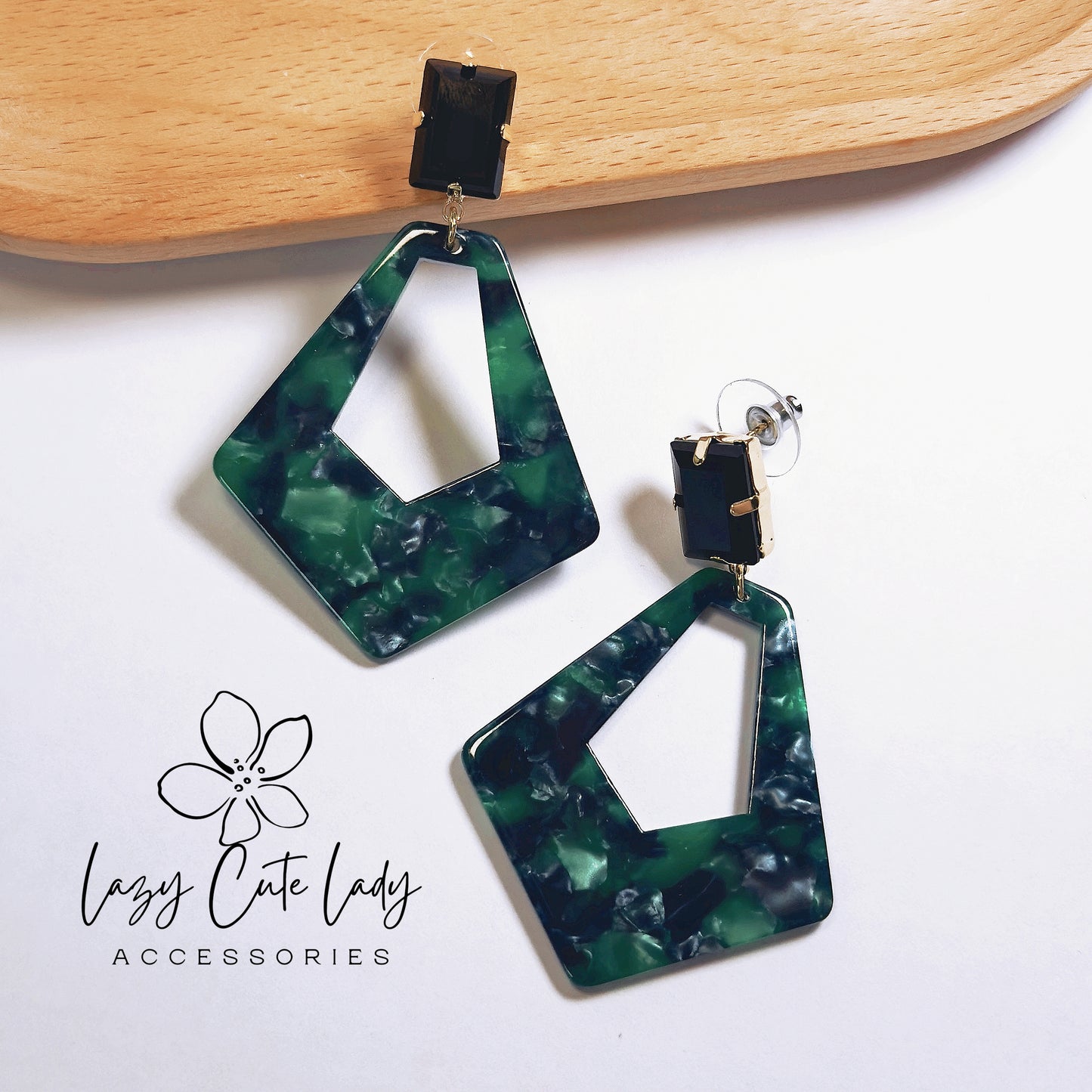 Vintage Geometric Acetate Earrings with Black Square Rhinestones