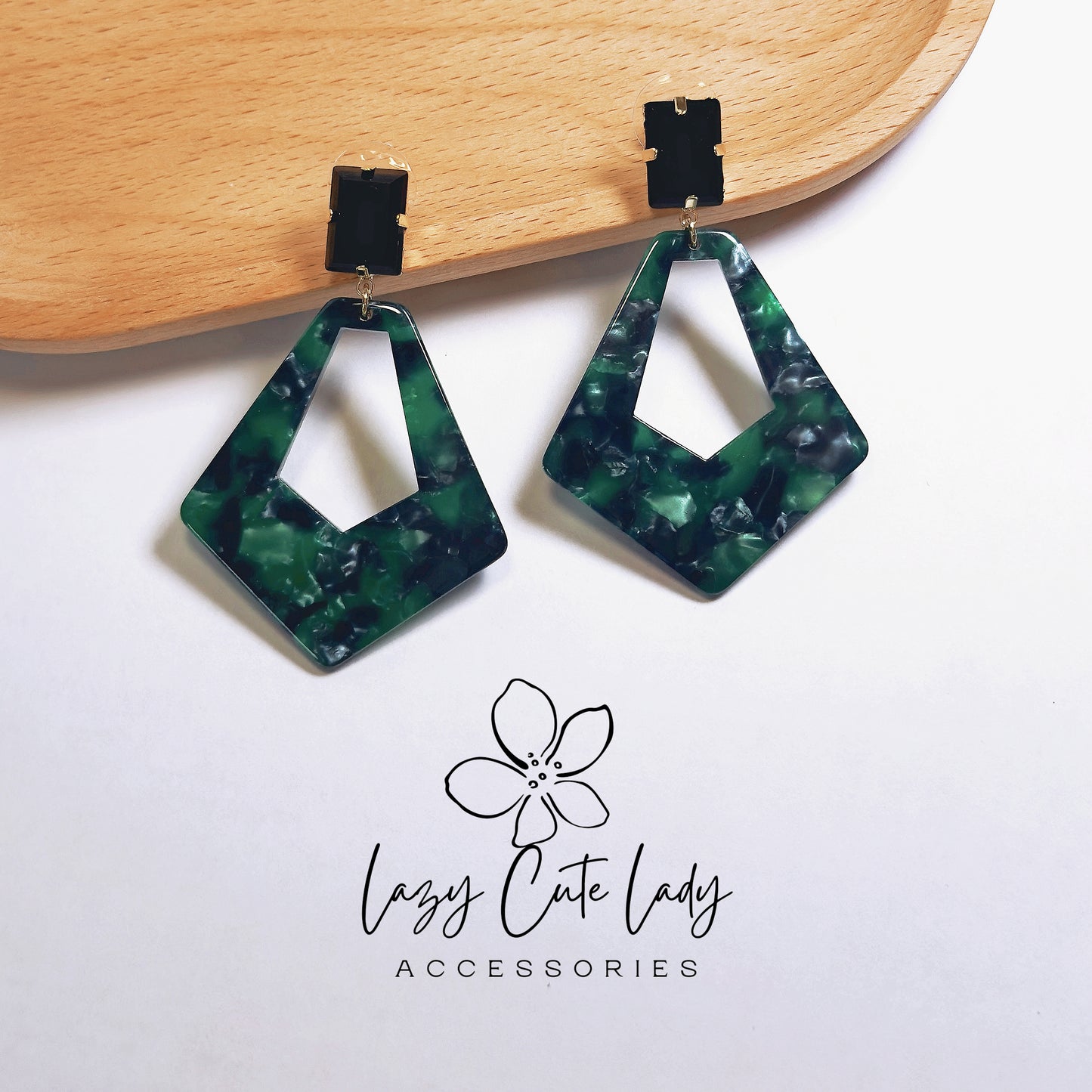 Vintage Geometric Acetate Earrings with Black Square Rhinestones