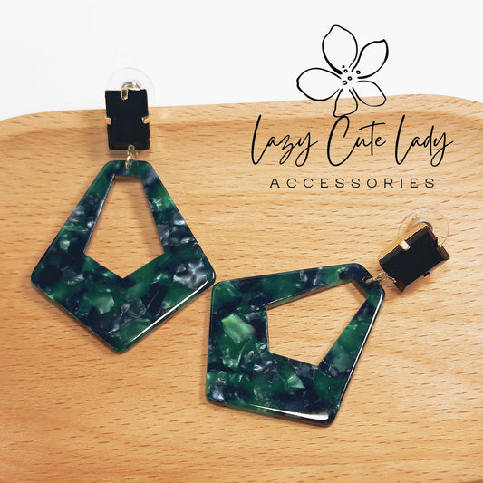 Vintage Geometric Acetate Earrings with Black Square Rhinestones