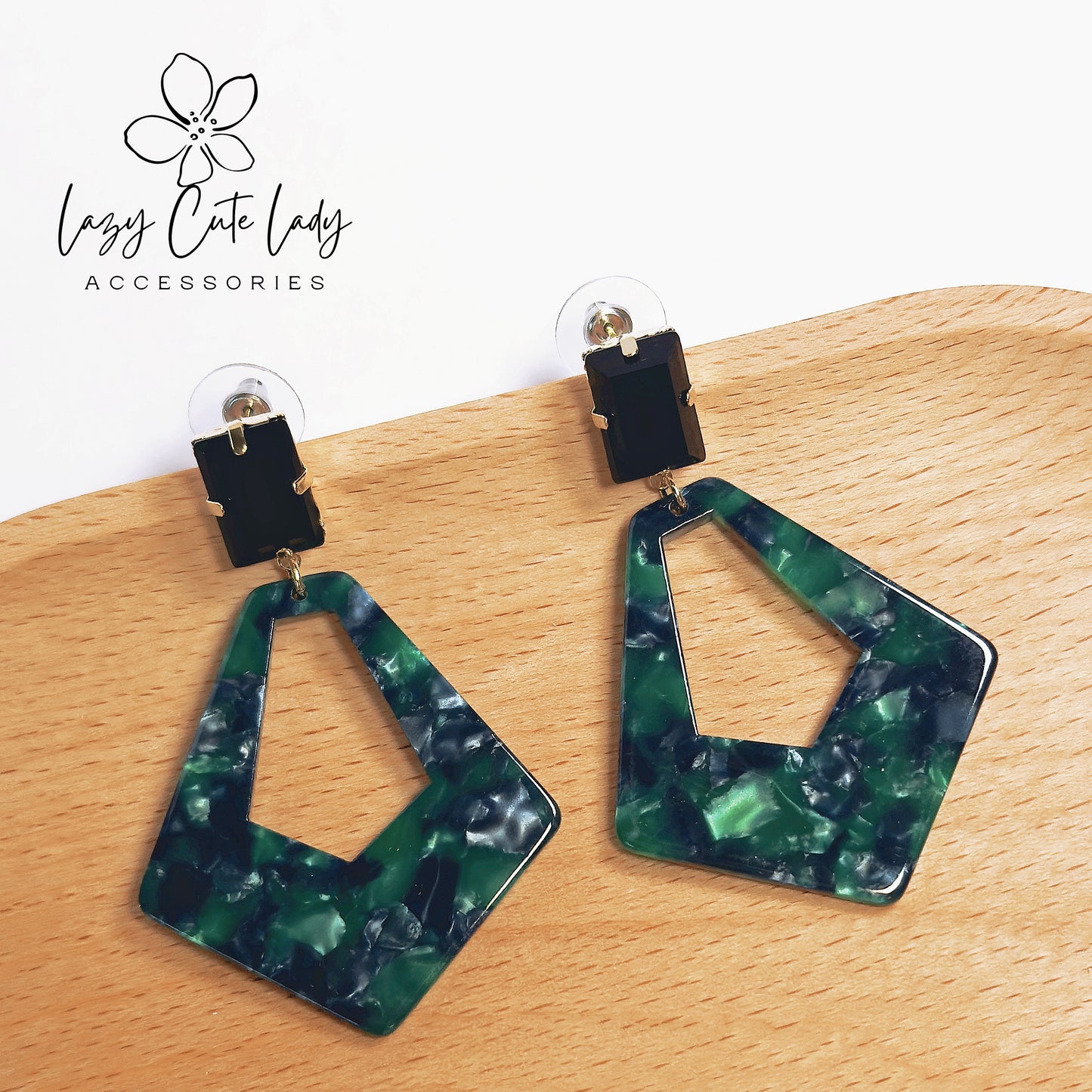 Vintage Geometric Acetate Earrings with Black Square Rhinestones