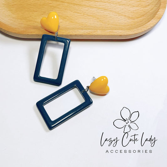Yellow Heart and Navy Rectangle Geometric Drop Earrings