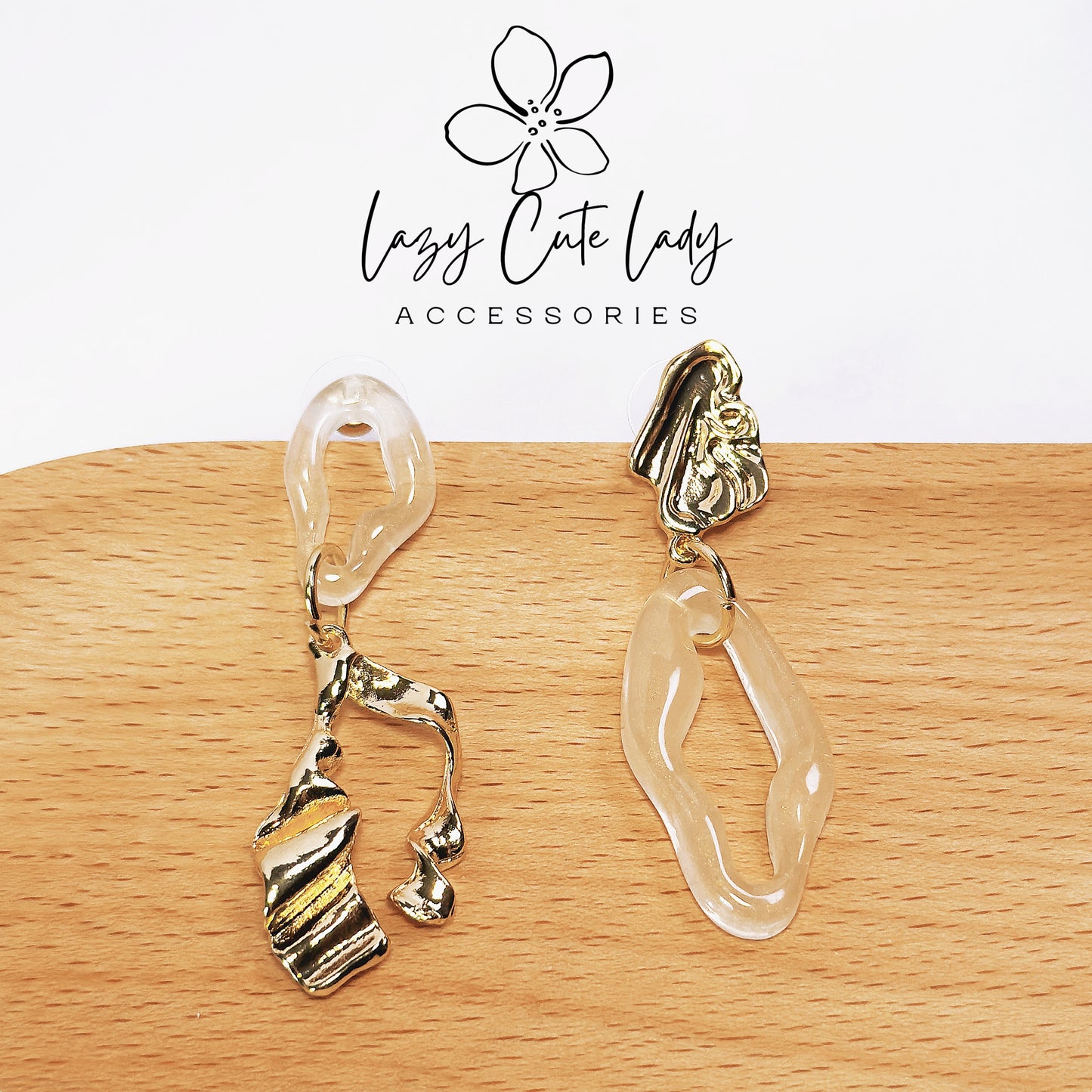 Asymmetrical Gold and Resin Earrings - Elegant and Fashionable Design