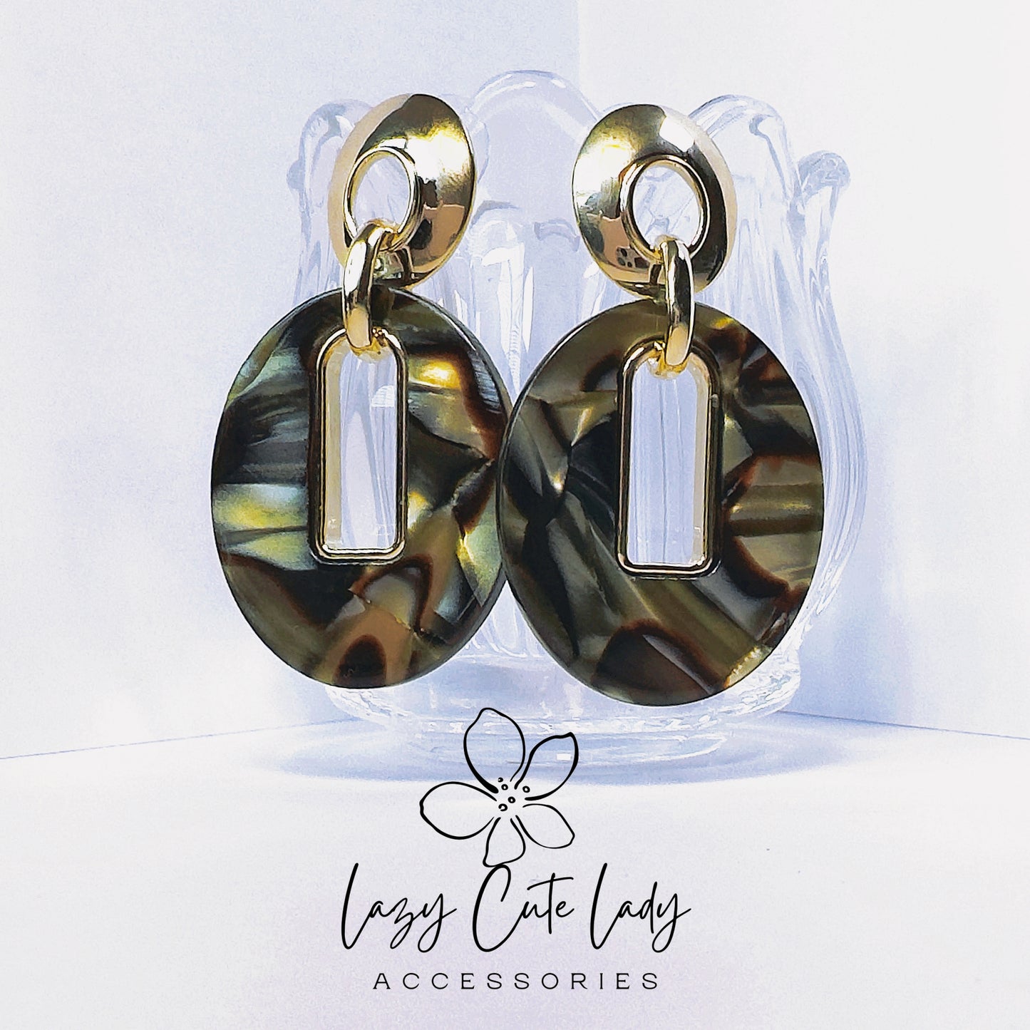 Vintage Acetate Oval Earrings with Square Metal Cutout - Elegant and Fashionable