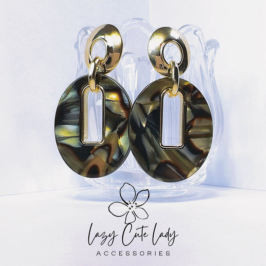 Vintage Acetate Oval Earrings with Square Metal Cutout - Elegant and Fashionable