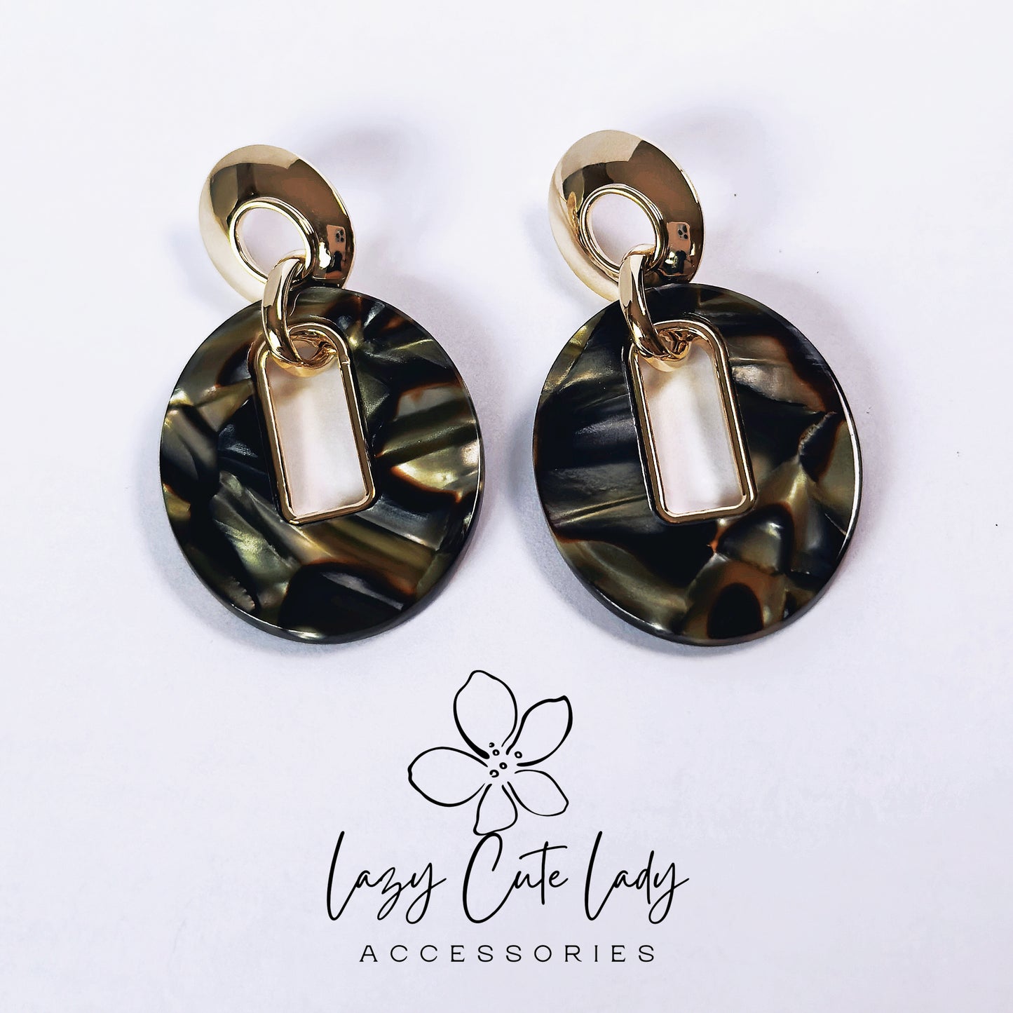 Vintage Acetate Oval Earrings with Square Metal Cutout - Elegant and Fashionable