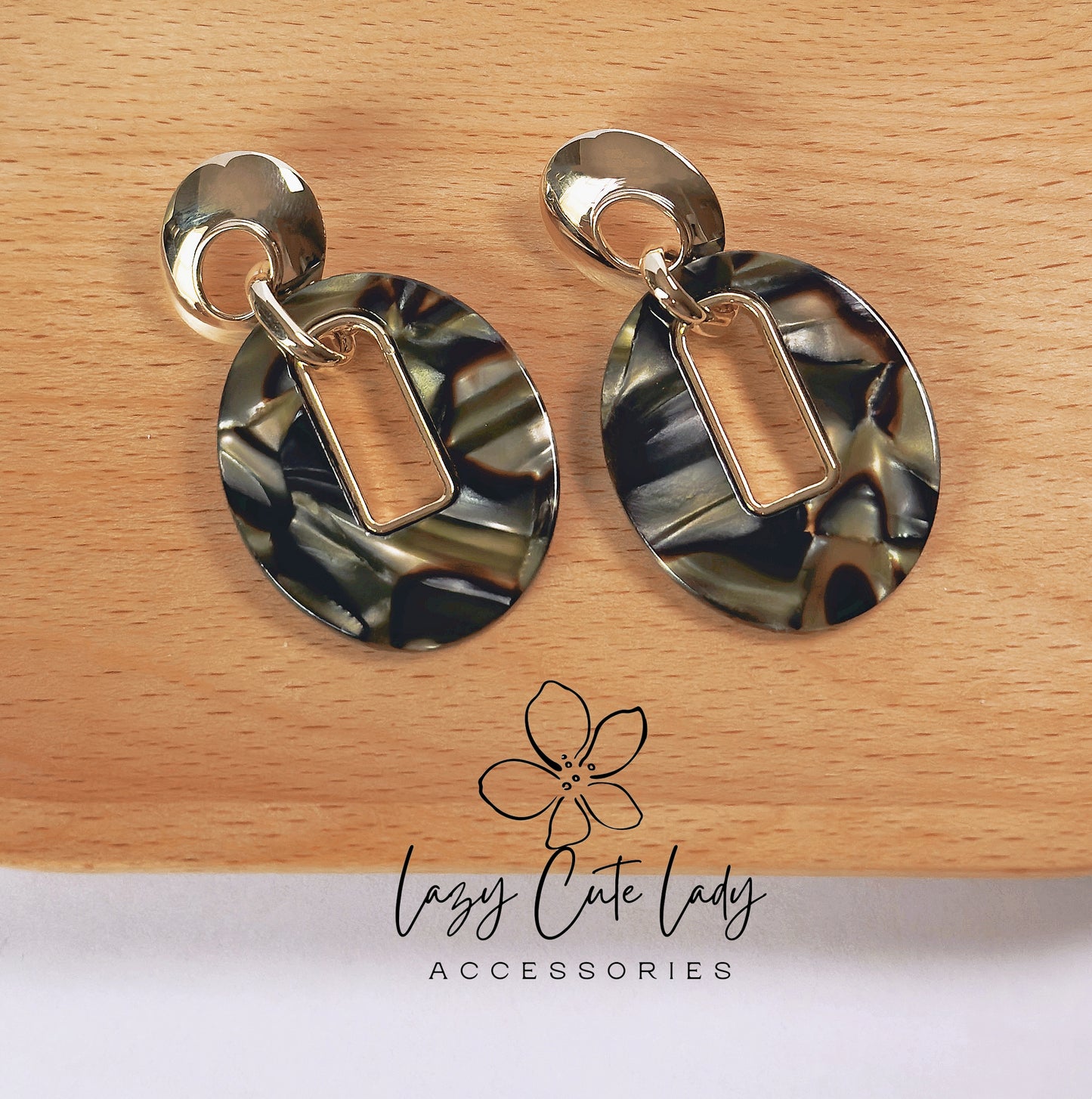 Vintage Acetate Oval Earrings with Square Metal Cutout - Elegant and Fashionable