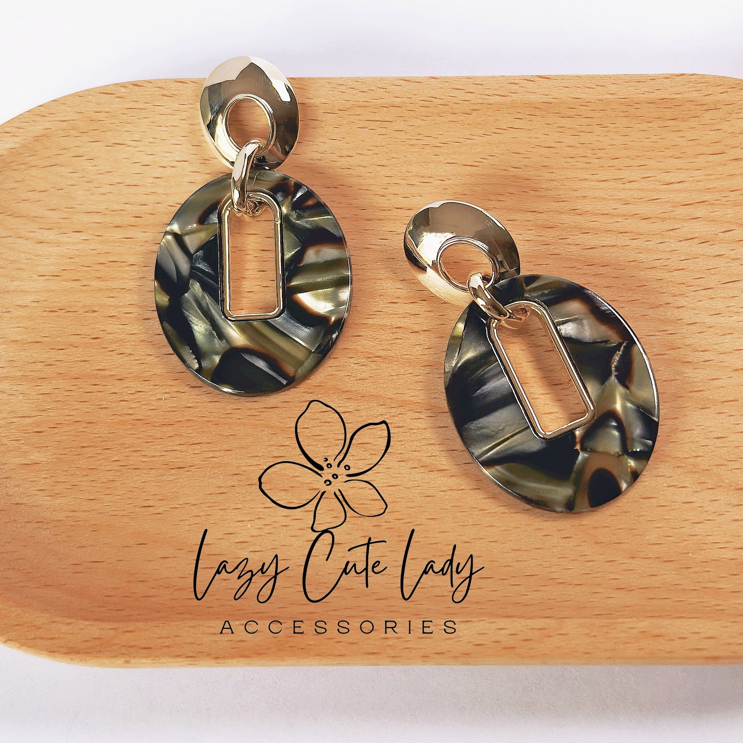 Vintage Acetate Oval Earrings with Square Metal Cutout - Elegant and Fashionable