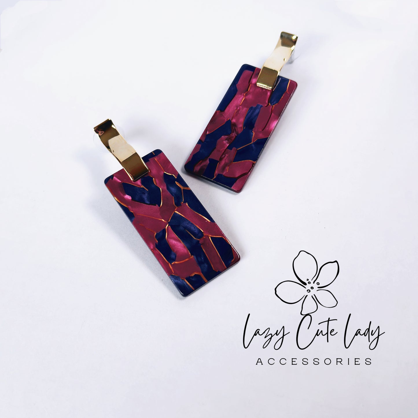 Vintage Geometric Acetate Rectangular Earrings - Bold Rose Pink & Deep Blue with Metal Accents