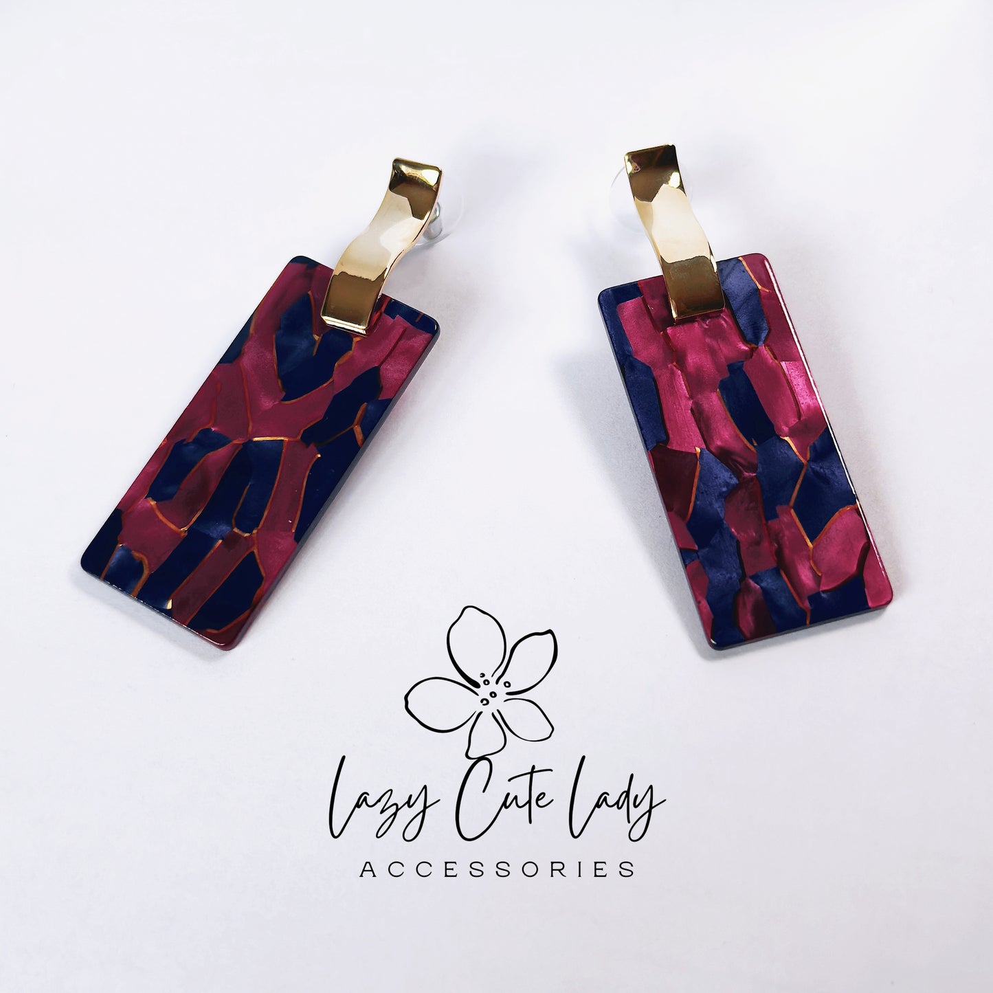 Vintage Geometric Acetate Rectangular Earrings - Bold Rose Pink & Deep Blue with Metal Accents