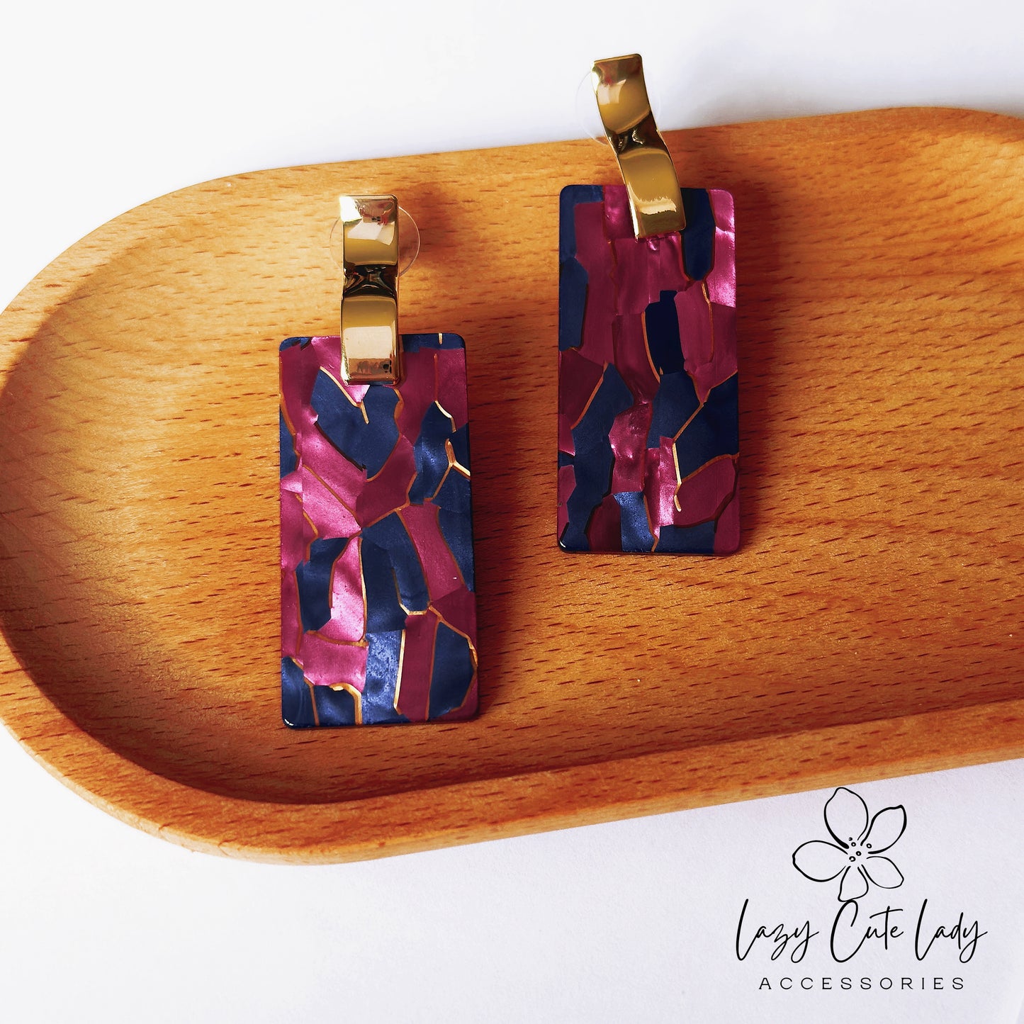 Vintage Geometric Acetate Rectangular Earrings - Bold Rose Pink & Deep Blue with Metal Accents