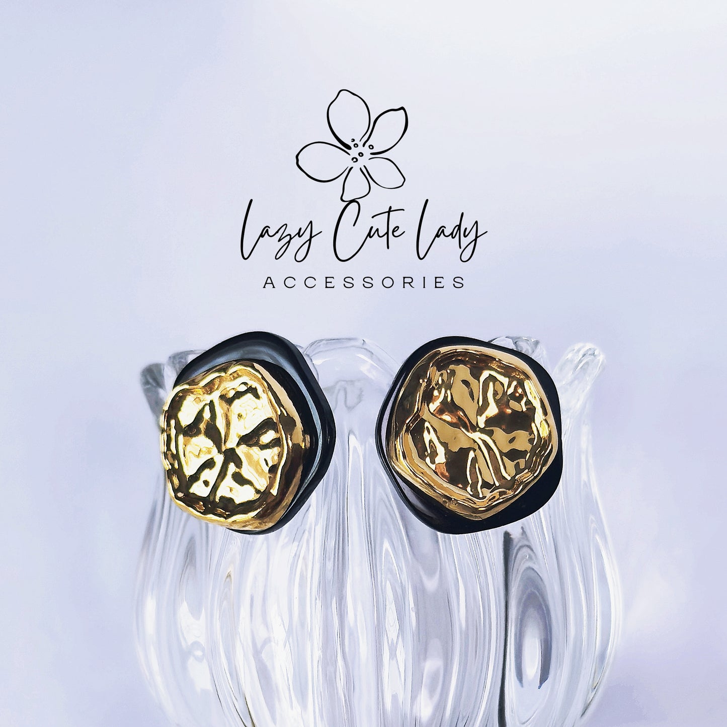 Elegant Black & Gold Irregular Disk Metal Earrings - Wrinkled Texture Design