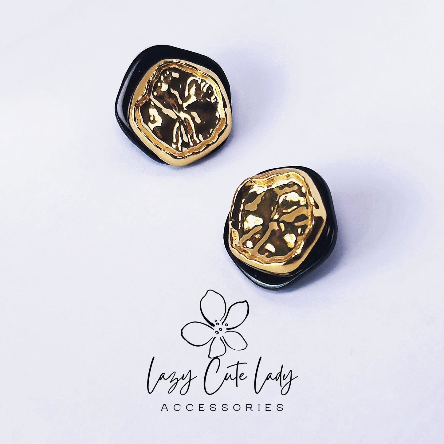 Elegant Black & Gold Irregular Disk Metal Earrings - Wrinkled Texture Design