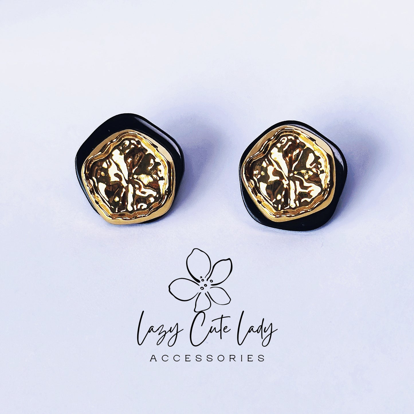 Elegant Black & Gold Irregular Disk Metal Earrings - Wrinkled Texture Design