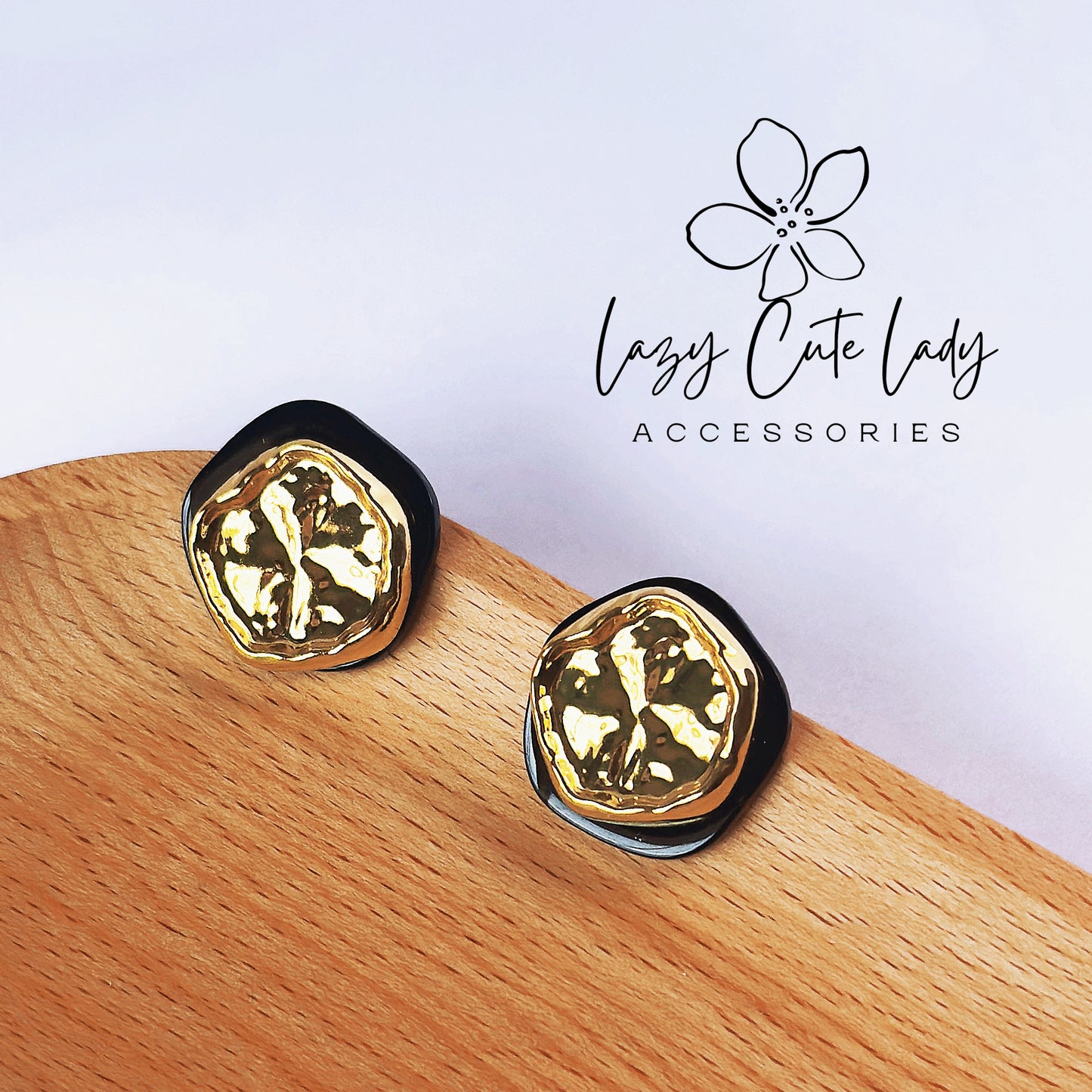 Elegant Black & Gold Irregular Disk Metal Earrings - Wrinkled Texture Design