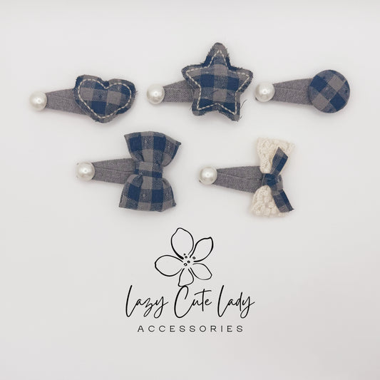 Blue Plaid Hair Clips Set – Cute Bow, Heart, Star &Pearl Snap Clips for Girls and Women