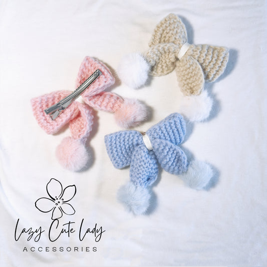 Cozy Knit Bow Hair Clip - 4-Inch Fluffy Design in Beige, Light Blue, and Pink