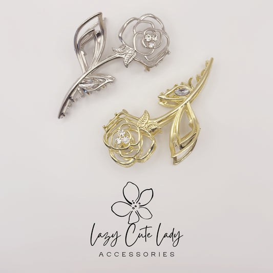 Rose Hair Claw Clip – Elegant Metal Flower Hair Accessories with Rhinestones for Women and Girls