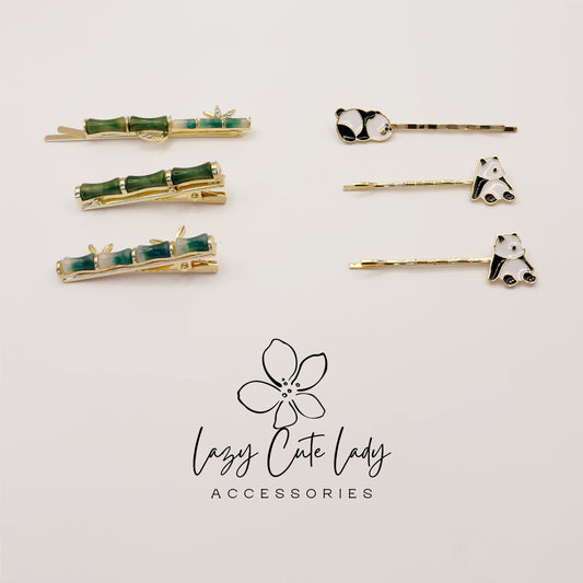 Panda and Bamboo Hair Clip Set: Enamel Animal Hair Accessories
