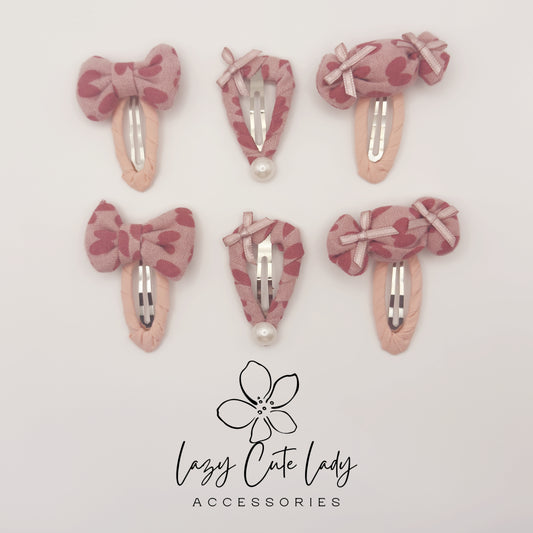 Heart Print Fabric Hair Clips – Cute Bow, Candy & Pearl Snap Barrettes for Girls