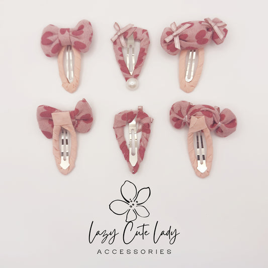 Heart Print Fabric Hair Clips – Cute Bow, Candy & Pearl Snap Barrettes for Girls