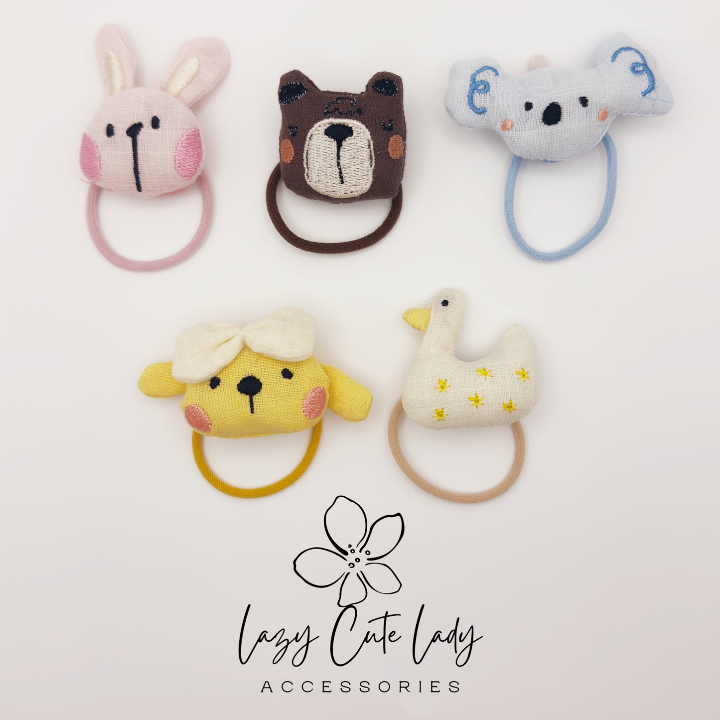 Cute Animal Hair Ties for Kids – Bunny, Bear, Koala, Puppy &Duck Fabric Hair Accessories