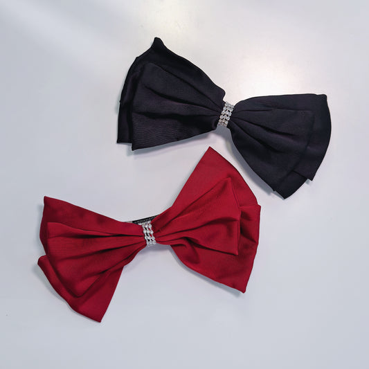 Elegant Satin Ribbon Bow Hair Accessory with Rhinestone Detail – Versatile and Chic