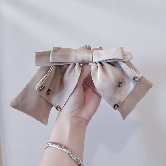 Large Milk Tea-Colored Bow Hair Accessory with Gemstone Detail – Vintage Elegance