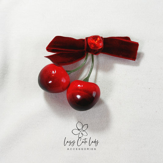 Red Velvet Bow with Cherry Hair Clip
