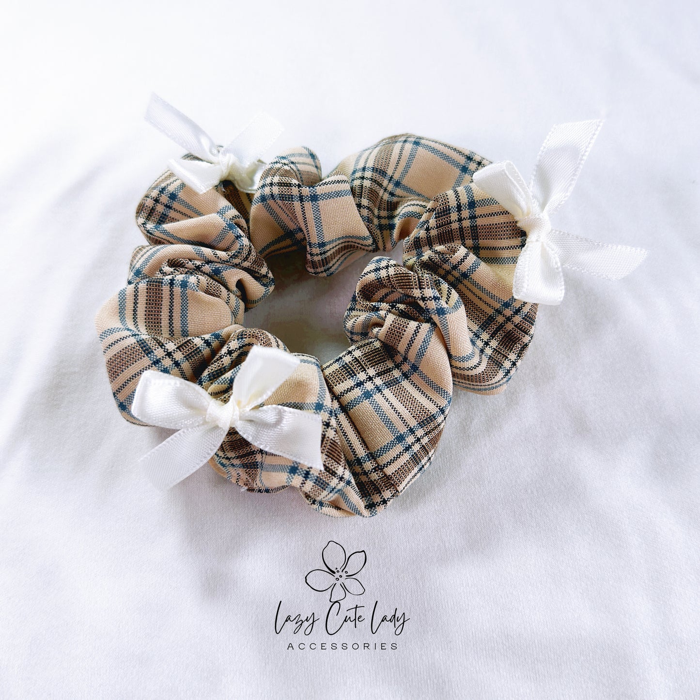 Chic Milk Tea Fabric Hair Scrunchie with Ribbon Bows