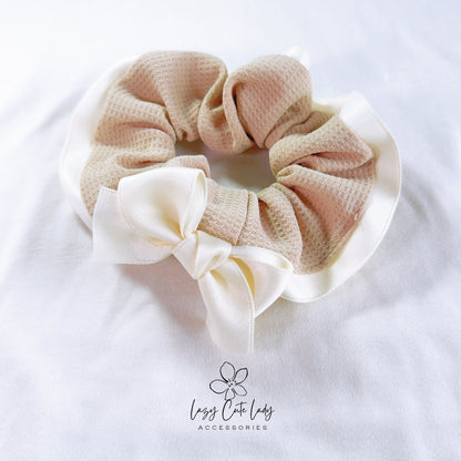 Sophisticated Milk Tea Fabric Hair Scrunchie with Ribbon Bow and Satin Edge