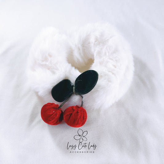 Cute Plush White Fabric Hair Scrunchie with Red Cherry Accents- Hair Accessory- hair Tie- for girl for women- gift