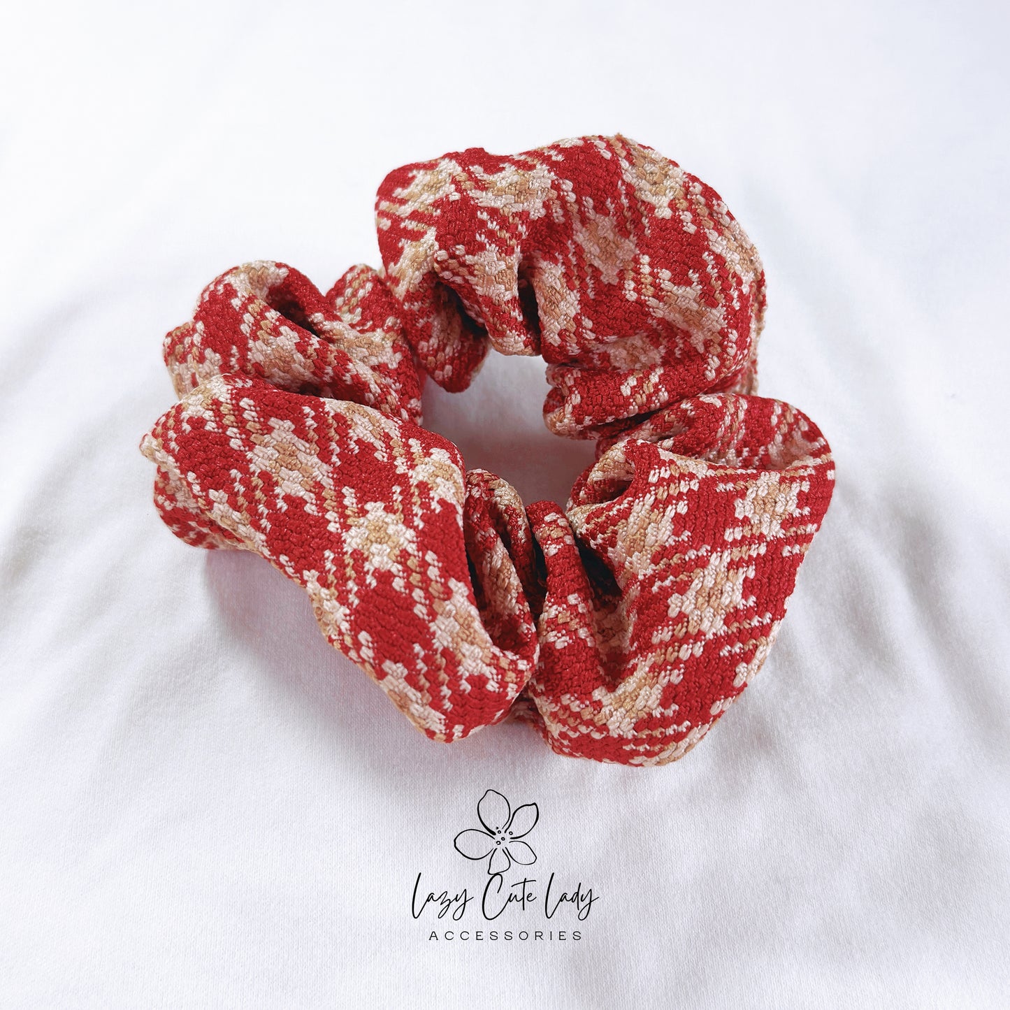 Elegant Red Grid Kiss Fabric Hair Scrunchie
